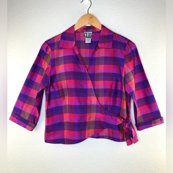 CLIO Vintage Retro 100% Silk Tartan Wrap Top Purple, Pink Size: Small - Picture 1 of 10